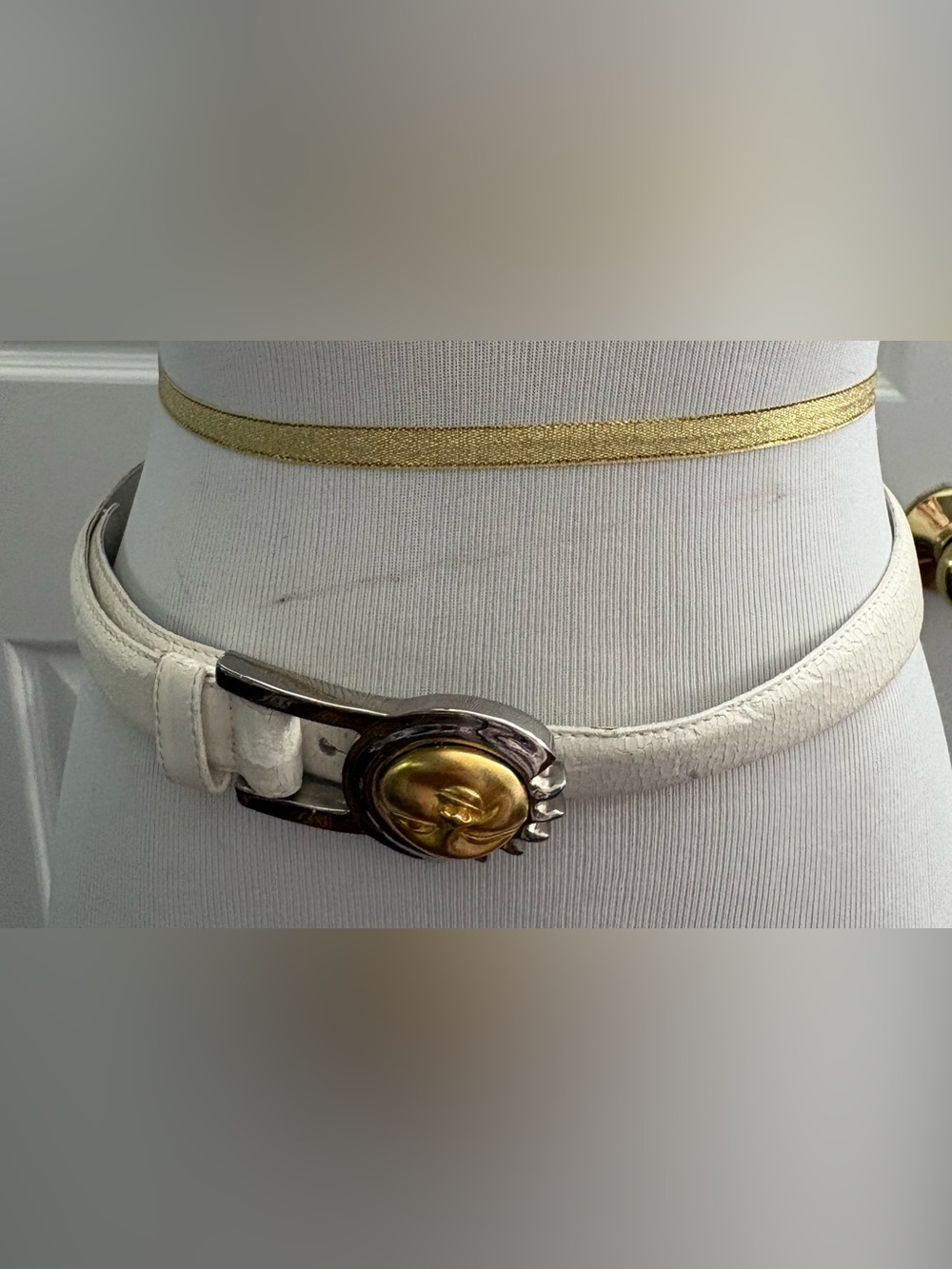 Gail Labelle White Leather Belt with Gold Foil Text Detail Sz 30”